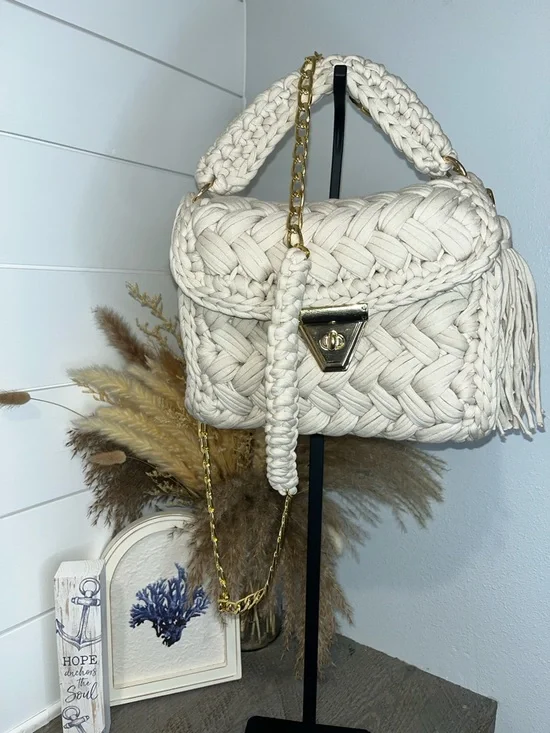 Handmade Luxury Artisan Crochet Flap Bag - Cream/Gold Crossbody Bag - Picture 1 of 8